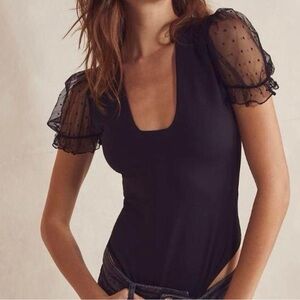 NWT Free People Bare & Square Puff Sleeve Mesh Bodysuit Black Womens Size S